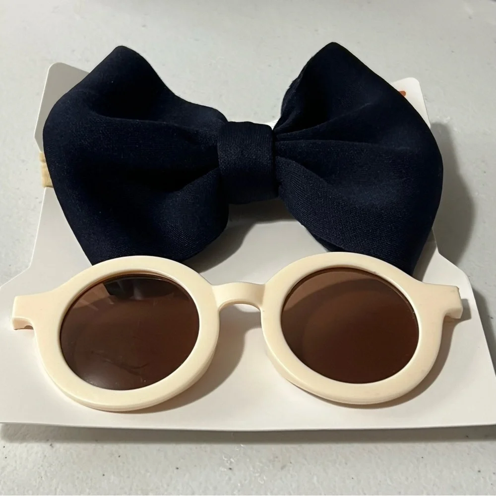 NEW girls cream / off white sunglasses and navy blue hair bow headband set